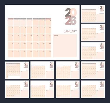 Collection of 2026 journal calendar in horizontal layout, designed with clean style for planning, organization, scheduling, and productivity in personal or professional use. vector
