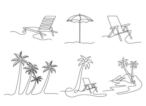 Summer. Hand drawn set of one line with summer elements. A collection of icons with one line. Beach elements ball, palm trees vector