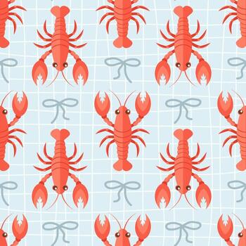 Lobster and bows seamless pattern. Summer repeating seafood pattern. Mediterranean coastal design background. vector