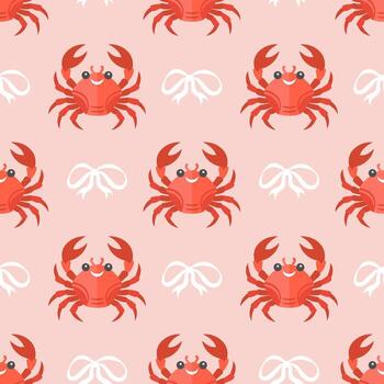 Cute crab and bow seamless pattern on a pink background. Summer repeating seafood pattern. Mediterranean coastal design background. vector