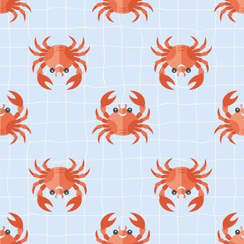 sin costura modelo con cangrejos en un suave cuadrícula antecedentes. verano repitiendo Mariscos modelo. Mediterráneo costero diseño antecedentes. vector