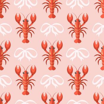 Seamless pattern with lobsters and bows on a pink background. Summer repeating seafood pattern. Mediterranean coastal design background. vector