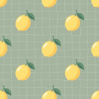 Lemon fruit seamless pattern on a soft green grid background. Summer repeating pattern. Mediterranean coastal design background. vector