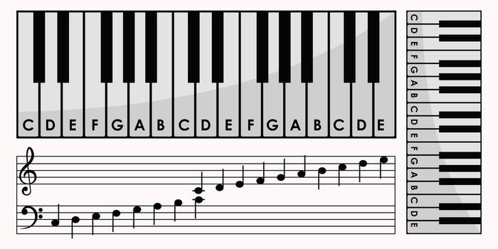Illustration of piano keyboard with musical notes and scale chart for learning music. vector