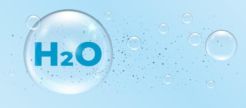 H2O water molecule in blue with hydrogen and O2 molecular structure for cosmetic background. Clean skincare design for hydration and freshness vector