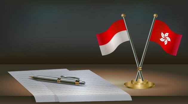 Indonesia and Hong Kong flags on table in office. International relations on a dark gradient color background. vector