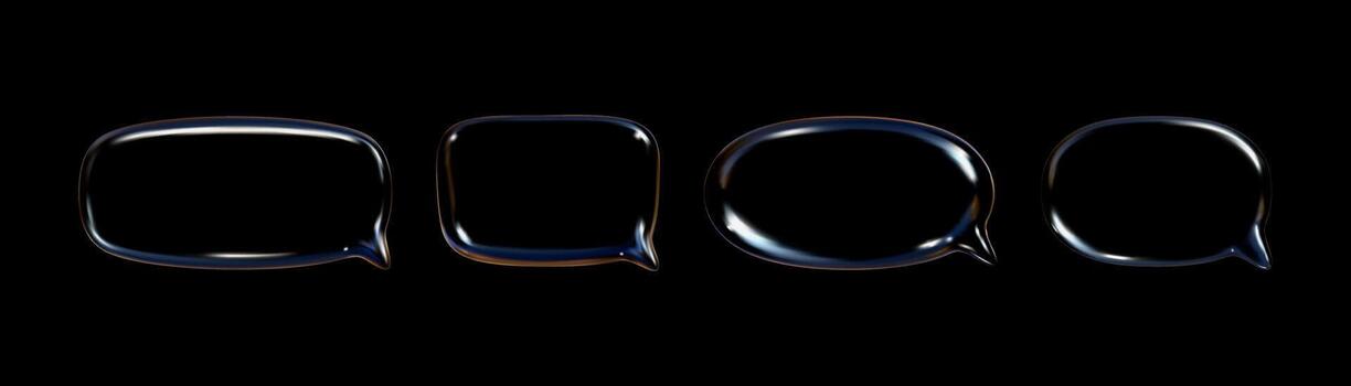 Four distinct transparent speech bubbles are displayed, showcasing a realistic glass texture with reflective surfaces, ideal for conveying dialogue or conversation themes. vector