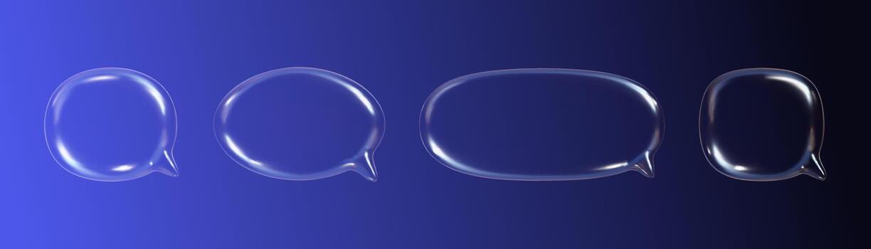 Four transparent 3D speech bubbles with a glass texture reflect light, set against a gradient backdrop creating an engaging visual element for communication ideas or design projects. vector