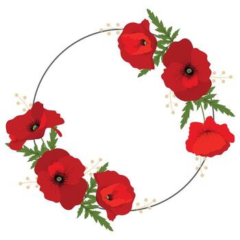 Red Poppy flower circle frame with space for text. vector