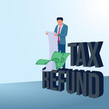 A man looks at a roll of paper over a tax return. A metaphorical illustration of tax returns, payments, and failure to pay. vector