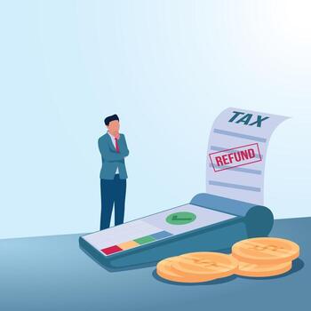 A man looks at a calculator that generates a tax return. A metaphorical illustration of tax returns, payments, and failure to pay. vector