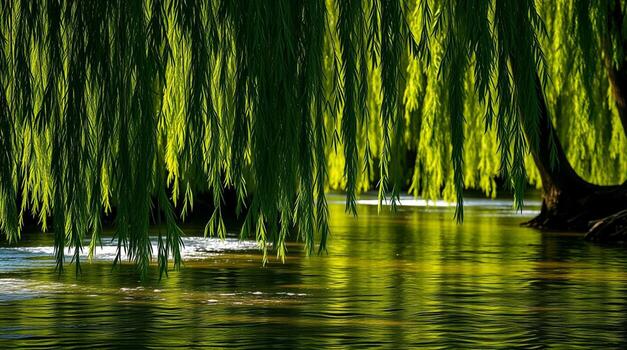 Weeping Willow Branches Over Calm River Water Nature Scene Photography photo