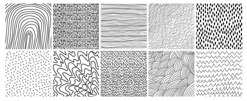 Set of hand drawn geometric patterns and textures. Cute minimalist textures with lines and blots. Monochrome graphic design elements and decorative backgrounds vector