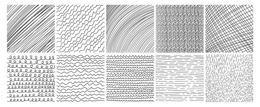 Set of hand drawn geometric patterns and textures. Cute minimalist textures with lines. Monochrome graphic design elements and backgrounds vector