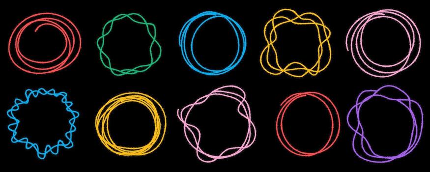 Collection of colorful hand drawn circle frames. Geometric Brush Stroke round design frames. Abstract graffiti graphic elements vector