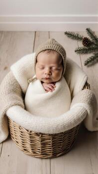 Cozy newborn sleep scene in a basket includes conifer branches with a pinecone. The baby wears a knitted hat and is wrapped in a beige blanket. photo