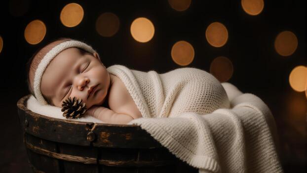 Newborn baby sleeping in a wooden basket is wrapped in soft fabrics. Warm bokeh lights create a magical and cozy atmosphere in the background. photo