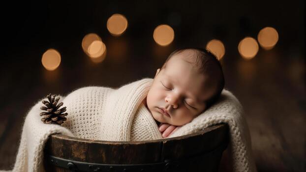 Peaceful baby sleep scene is enhanced by soft bokeh lights. The wooden basket provides a natural and charming setting for the newborn. photo