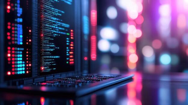 servidor habitación con brillante código en múltiple monitores foto