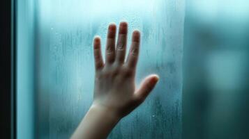 niños mano alcanzando mediante un empañado ventana foto