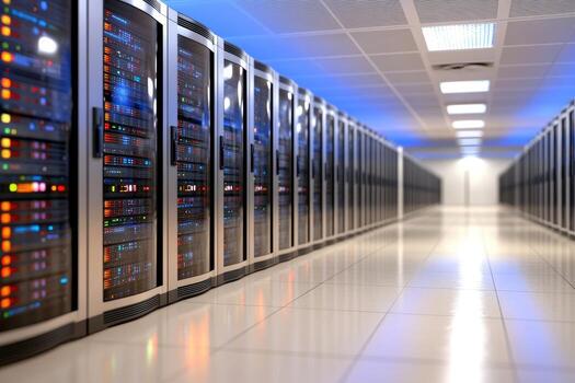 Data center server room with rows of racks for digital storage and information technology photo