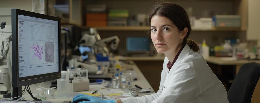 Scientist working in laboratory analyzing data on computer screen healthcare and research photo