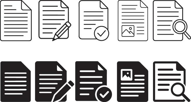 Document note icons set in flat black silhouette design for office illustration bundle, checklist, receipt, and notepad vector