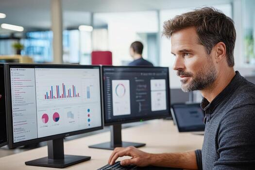 Data analysis on multiple computer screens professional environment photo