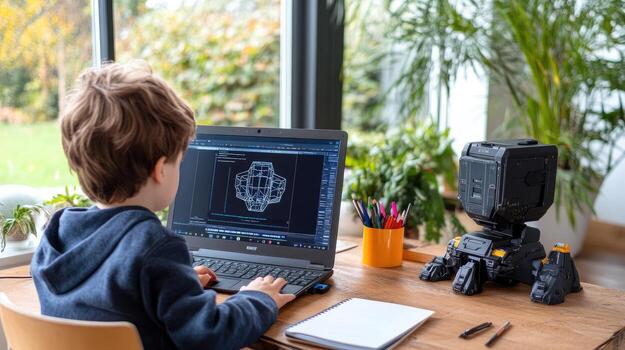 Boy learning robotics and engineering at home using laptop and robot toy photo