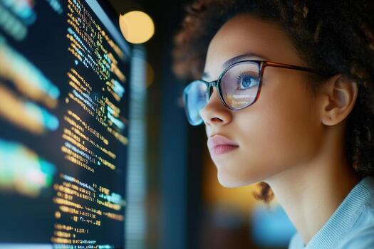 Woman coding on computer screen software development and data analysis photo