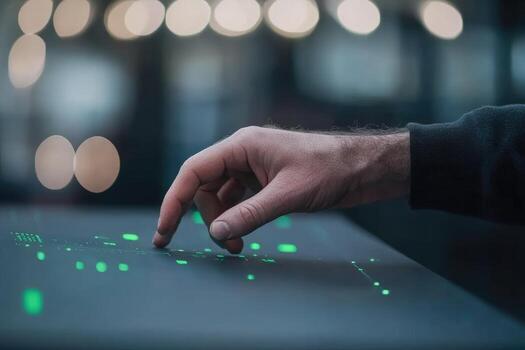 Digital interface interaction hand touching glowing touchscreen technology system control photo