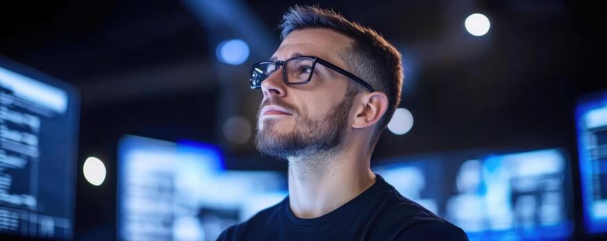 Technology professional working with data and code on multiple computer screens photo