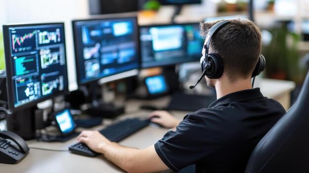 Person work at multiple computer monitor in office analyzing data photo