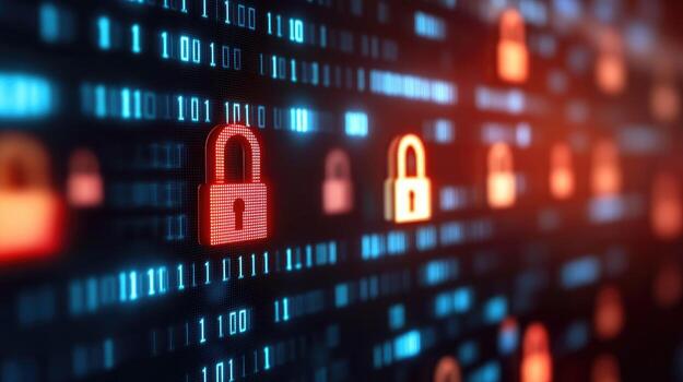 Cybersecurity abstract binary code digital padlock data protection background photo