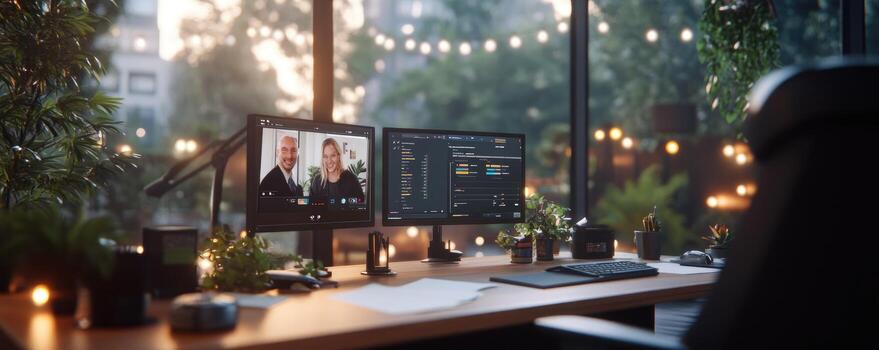 moderno remoto espacio de trabajo con doble pantallas llamada y codificación tecnología foto