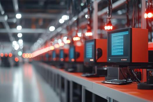 Row of desktop computers with blue screens in brightly lit room for technology data processing or automation photo