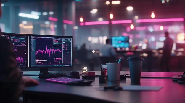 Modern office with computer monitors displaying financial charts in a high tech environment photo