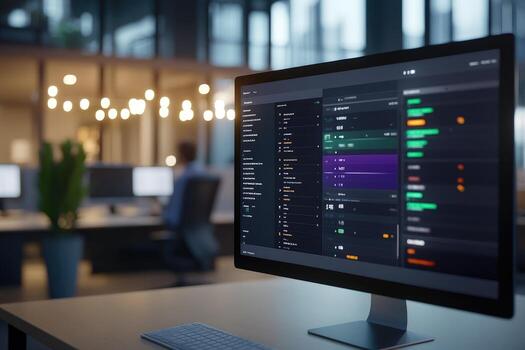 Computer monitor displaying financial data graphs and charts in modern office environment photo