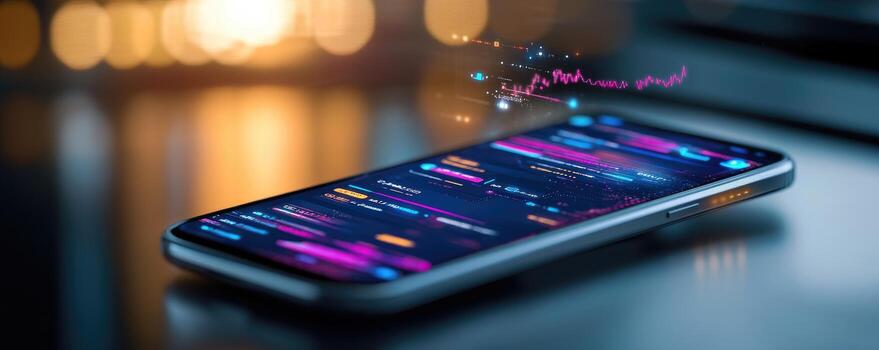 Smartphone displaying data visualization overlay for technology and finance photo