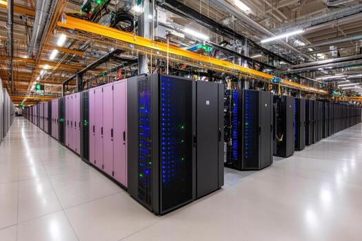 Large data center with rows of computer server racks and complex infrastructure photo