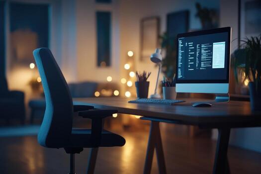 Modern home office setup with computer and desk for remote work and digital productivity photo