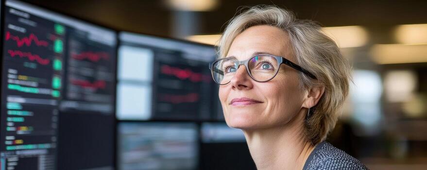Contemplative professional analyzing data on multiple computer screens in modern office photo