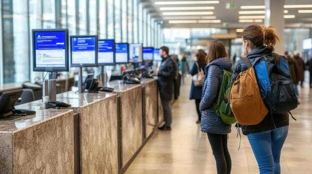 Busy modern office reception area with people queueing and using computers photo