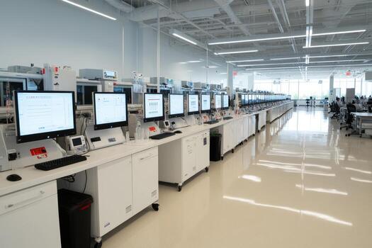Bright computer workspace with symmetrical rows of workstations for technology research and data analysis photo