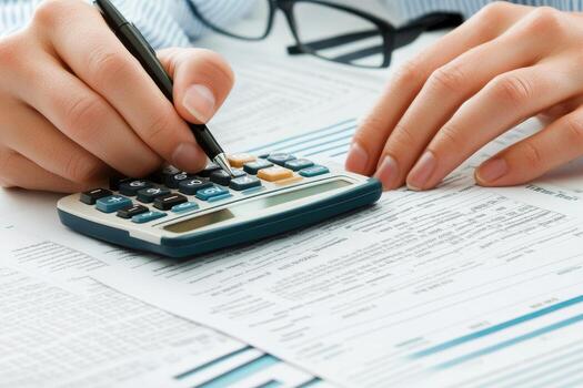 Hands calculating data on financial document with pen and calculator photo
