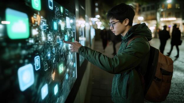 Interactive digital display at night person touching glowing interface technology ui app icons photo