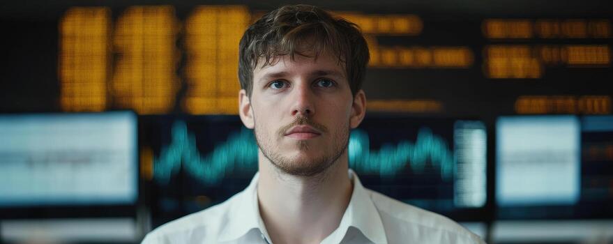 Focused man analyzing data on multiple computer screens in modern business environment photo