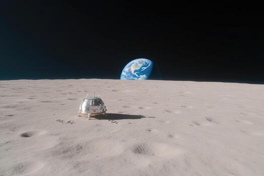 Lunar landing module on moon surface with earth view space exploration and science photo