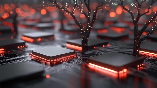 Technological circuit board with artificial intelligence network and futuristic data flow photo