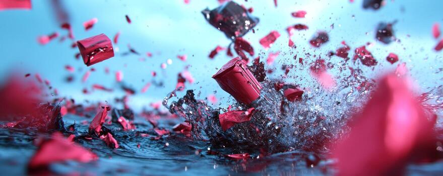 Dynamic shatter splash of red object on shimmering surface with debris explosion photo